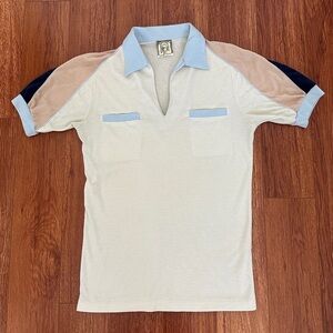 Vintage Mens Medium Gremlin Polo Shirt Retro Fitted Beige Tan Blue